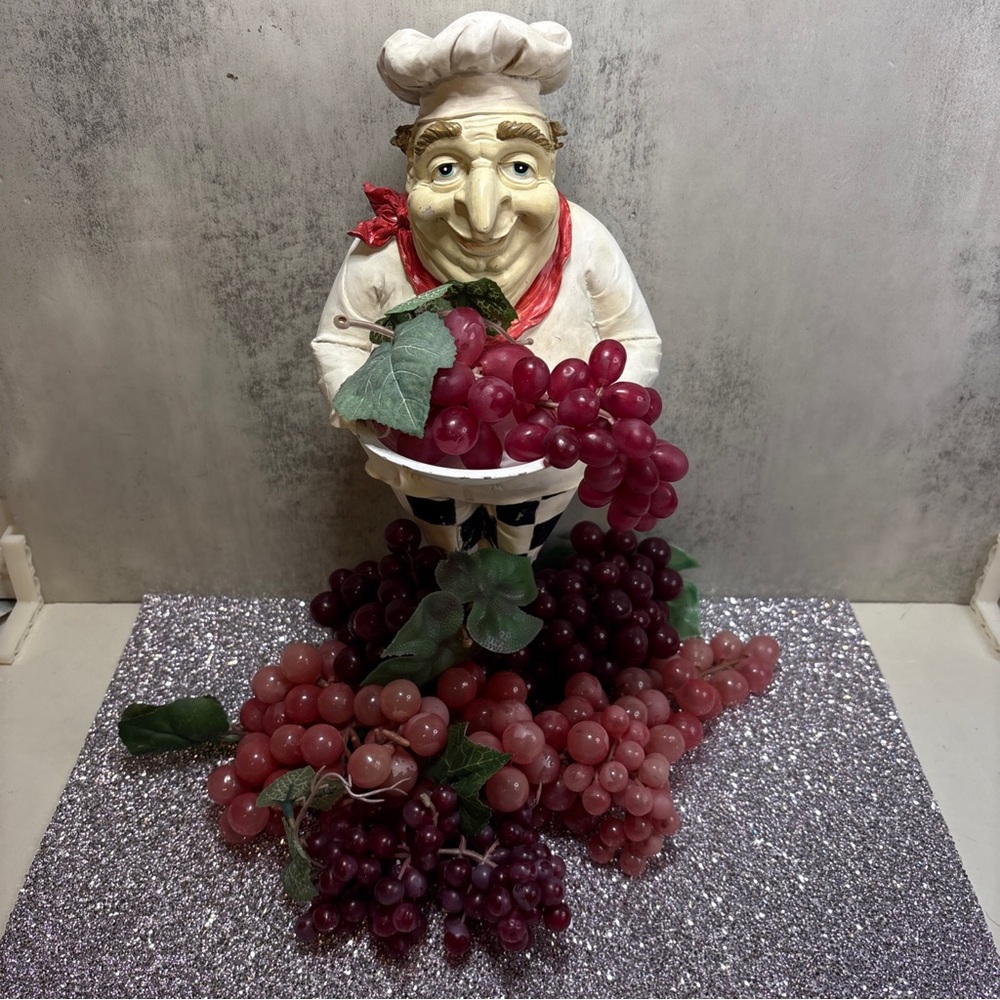 Unk Ceramic Chef Figurine with Red and Pink Grapes